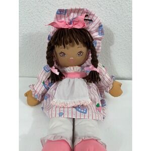 Vintage Sweetie Mine 1995 Plush Rag Doll Pink Striped Dress Apron Braided Hair